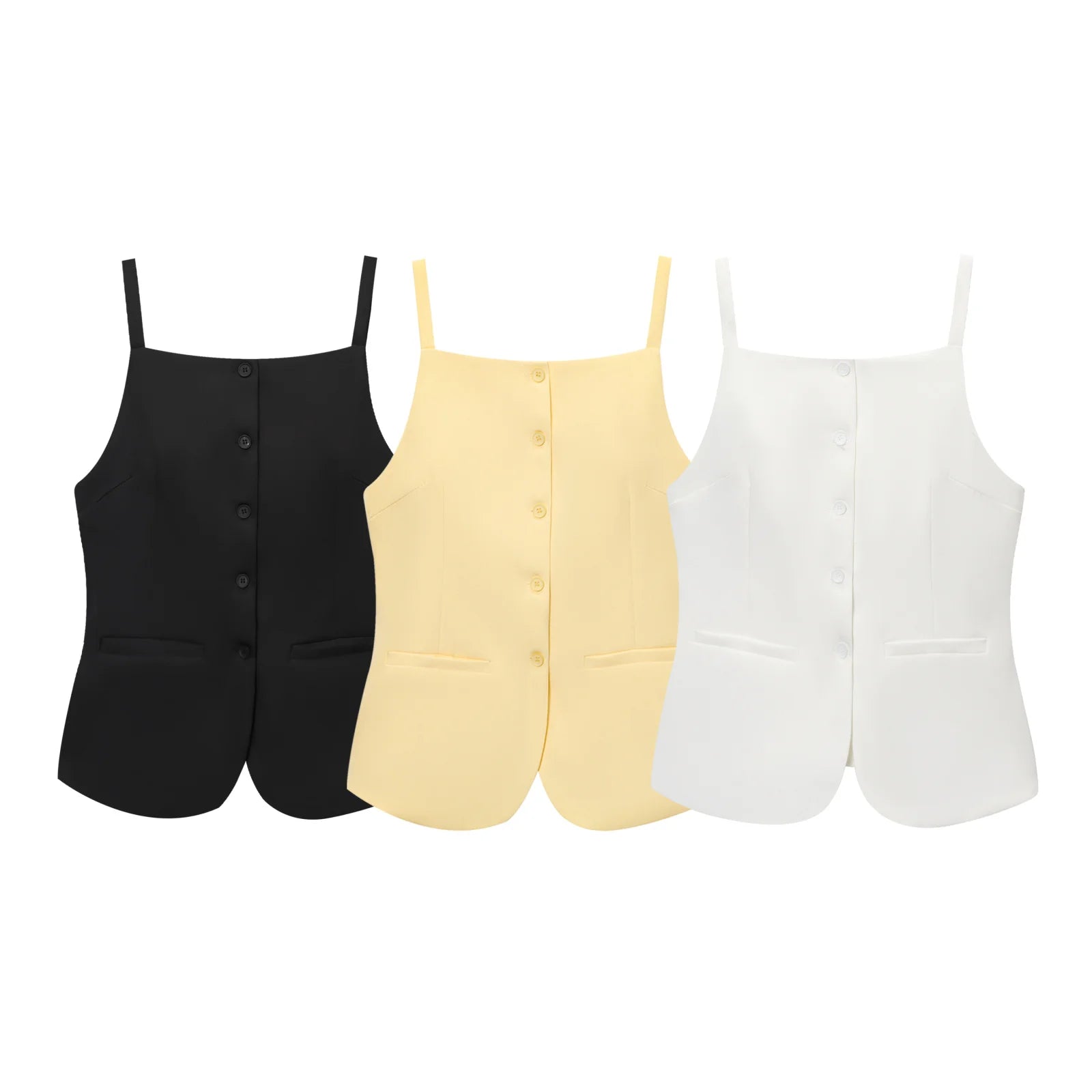 TRAFZA Women's Solid Square Collar Single Breasted Sleeveless Short Top+High Waist Zipper Side Pocket Shorts Female Slim Suits