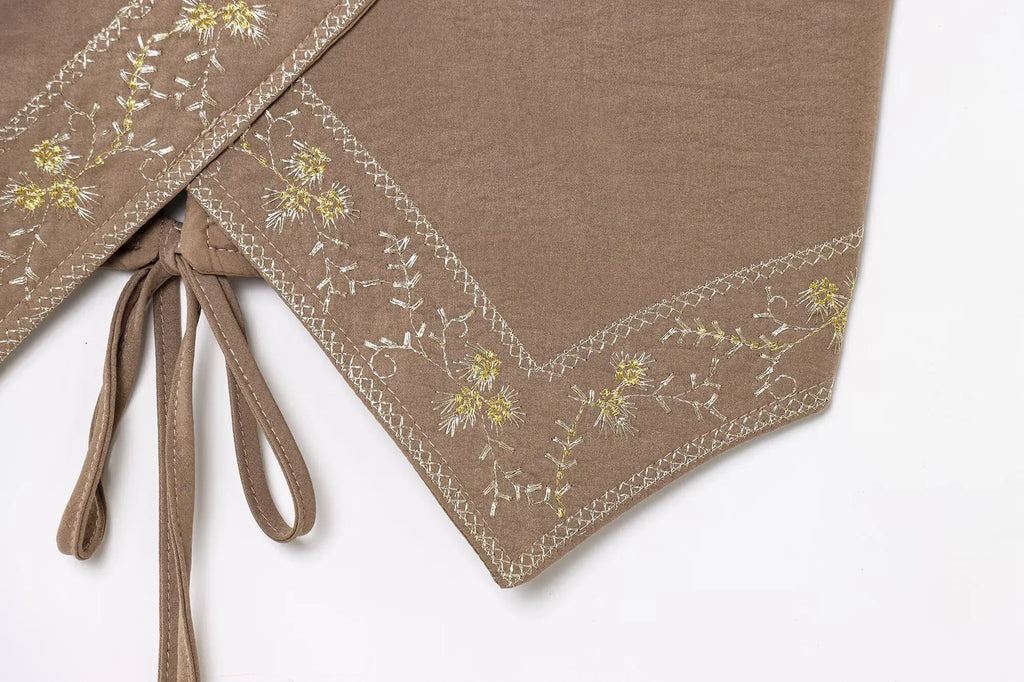 TRAFZA Female Summer Sexy Sling Tops Light Brown V-Neck Sleeveless Embroidery Lace-Up Decoration Women's Fashion Short Tops