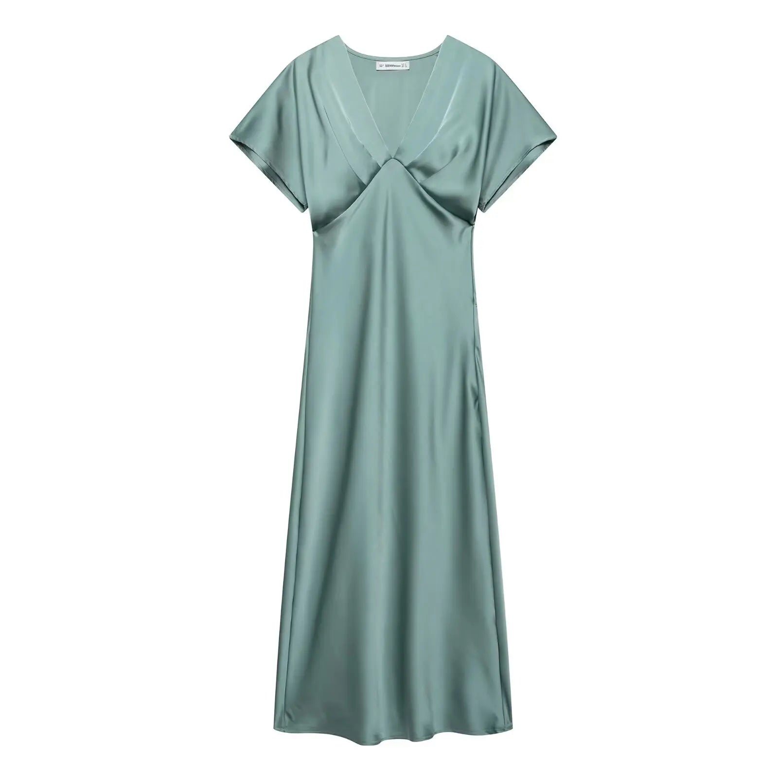 TRAFZA Summer Causal Silk Satin Texture Dresses For Women Pleated Short Sleeves Vintage V-neck Summer Pajama Style Midi Dresses