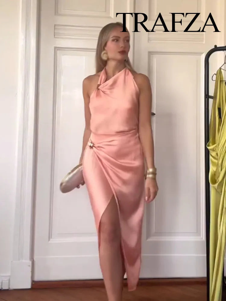 TRAFZA Women's Fashion Golden Inlay Decorate Backless Satin Texture Hanging Neck Collar Top+Midi Back Zipper Slit Skirt Suit