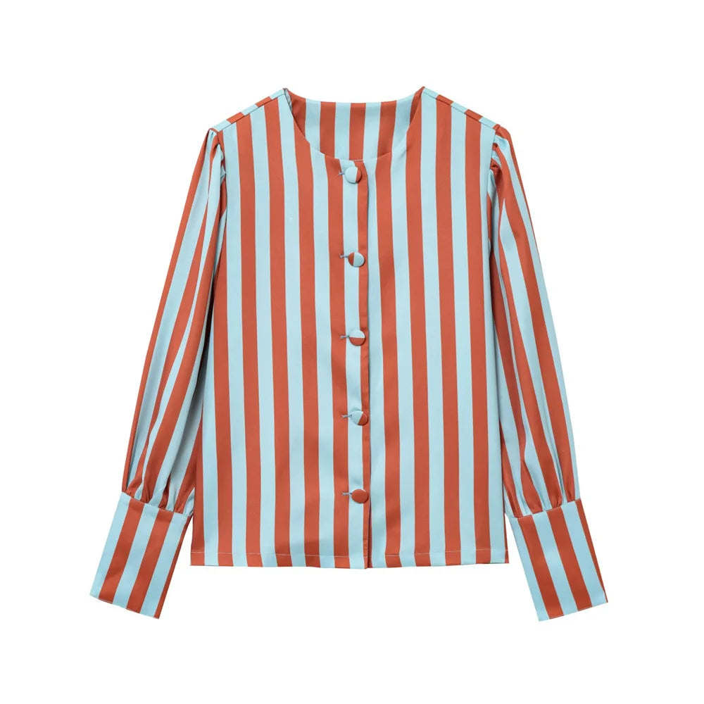 UNIZERA women's striped bubble sleeve top with round neck buckle decoration shirt for spring and summer casual women's wear