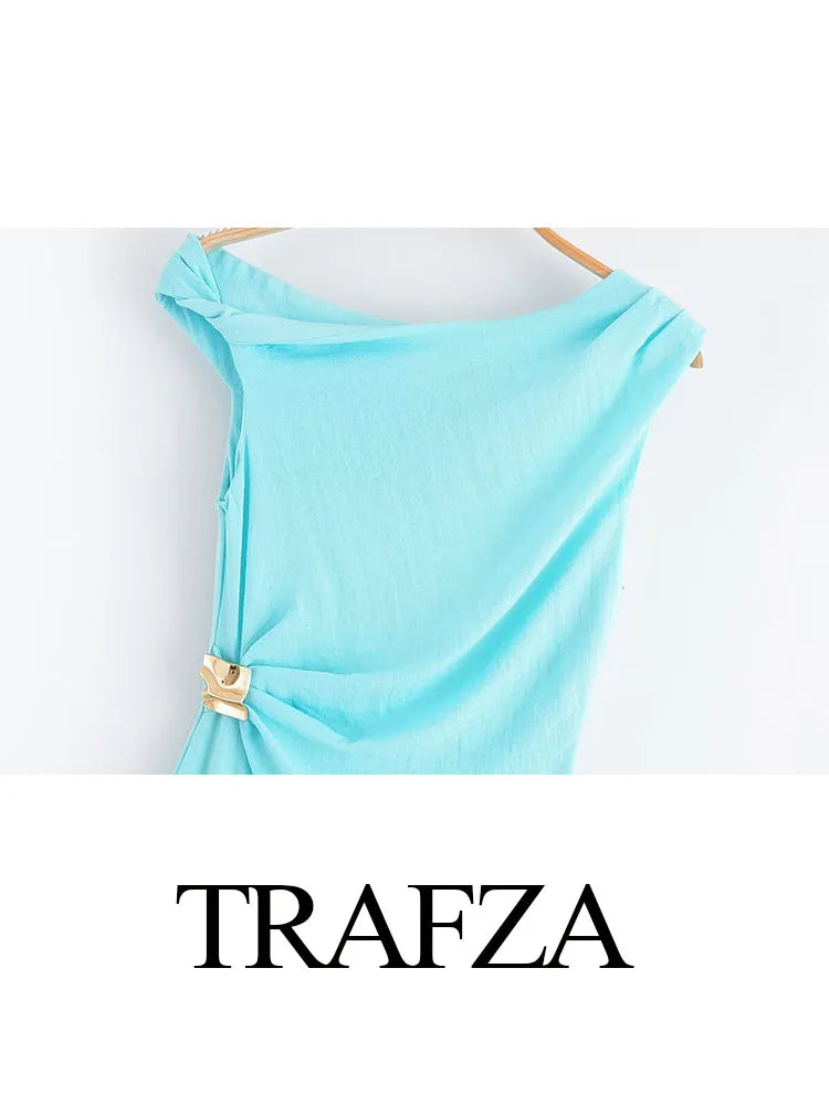 TRAFZA Woman's Summer Sexy Fashion Long Dress Solid Sleeveless Asymmetry Dresses Female Holiday Style Slit Slim Chic Dress