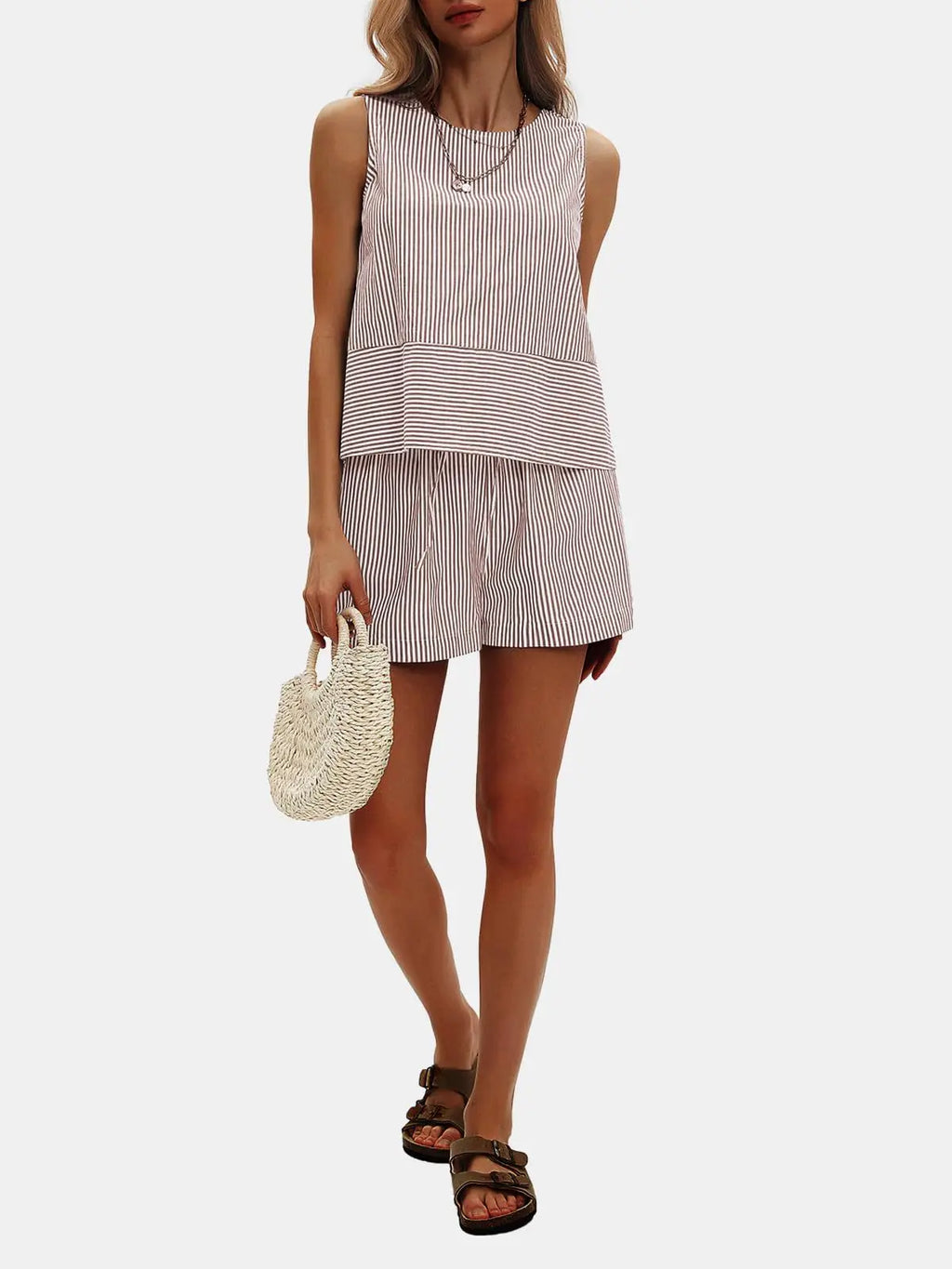 2025 New European and American Style Store Women's Summer 2-Piece Set Sleeveless Top and Shorts Striped Sports
