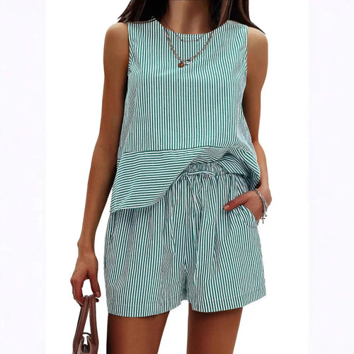 2025 New European and American Style Store Women's Summer 2-Piece Set Sleeveless Top and Shorts Striped Sports