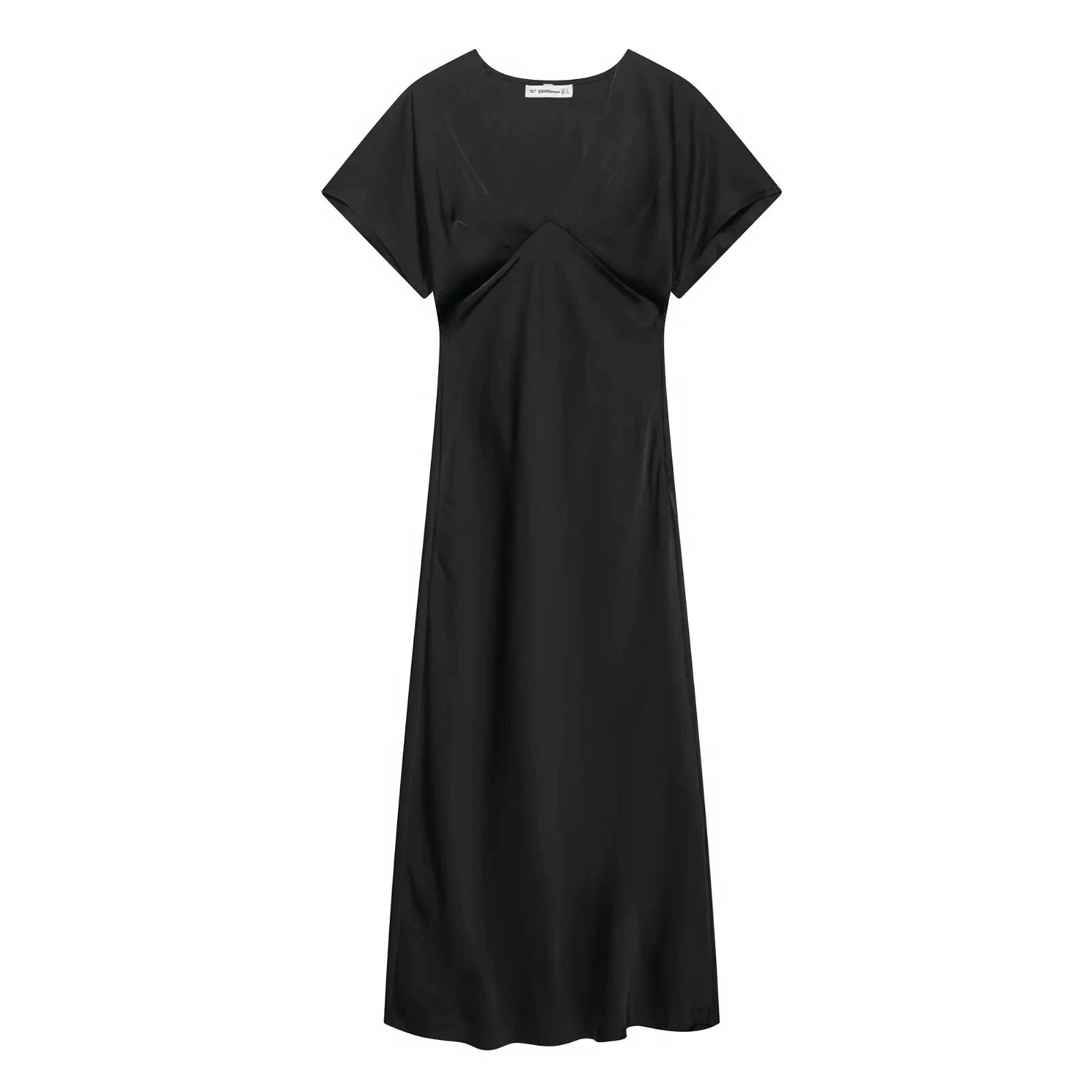 TRAFZA Summer Causal Silk Satin Texture Dresses For Women Pleated Short Sleeves Vintage V-neck Summer Pajama Style Midi Dresses