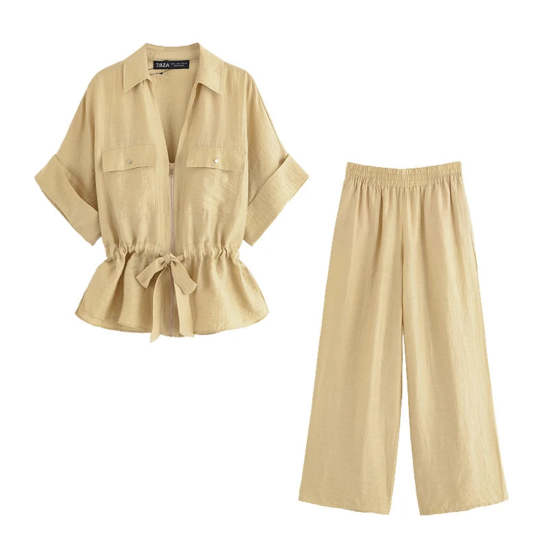 Willshela Women Fashion 2 Piece Set Solid Front Zipper Shirts & Vintage High Elastic Waist Trousers Feamle Chic Lady Pants Sets