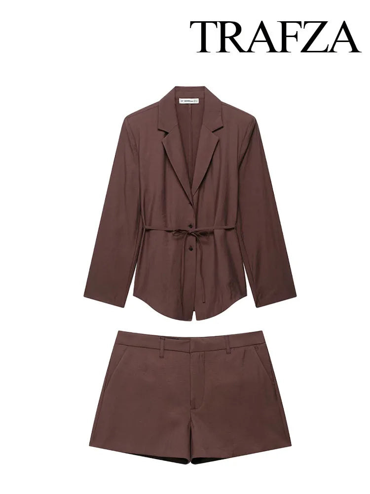 TRAFZA Female Summer Fashion Suits Brown Turn-Down Collar Long Sleeves Bow Lace-Up Single-Breasted Coat+High Waist Zipper Shorts