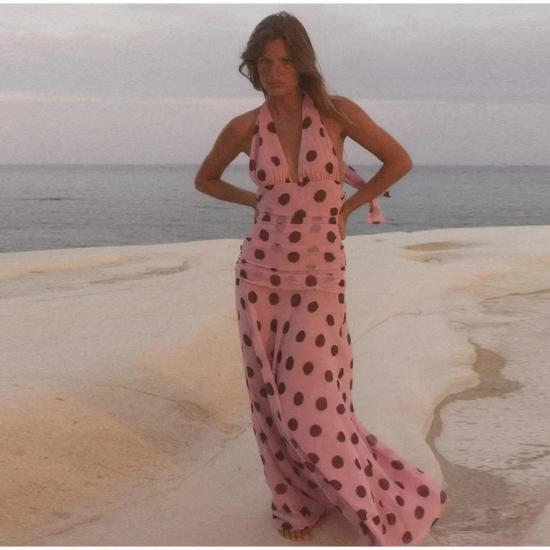 JULISSA MO Print Polka Dot Halter Women Maxi Dress Pink Sexy Backless V-neck Dress Femme Summer Slim Elegant Party Evening Dress