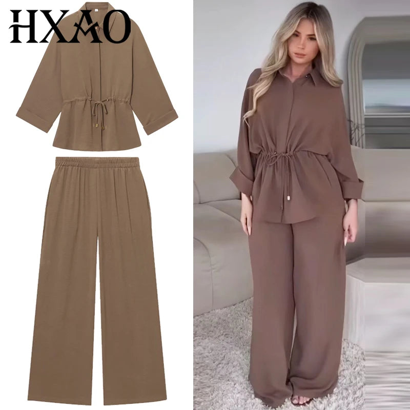 HXAO Safari Brown Pant Sets Women's Two Pieces Set Tunic Long Sleeve Shirt 2 Piece Sets Outfits High Waist Wide Leg Trouser Sets