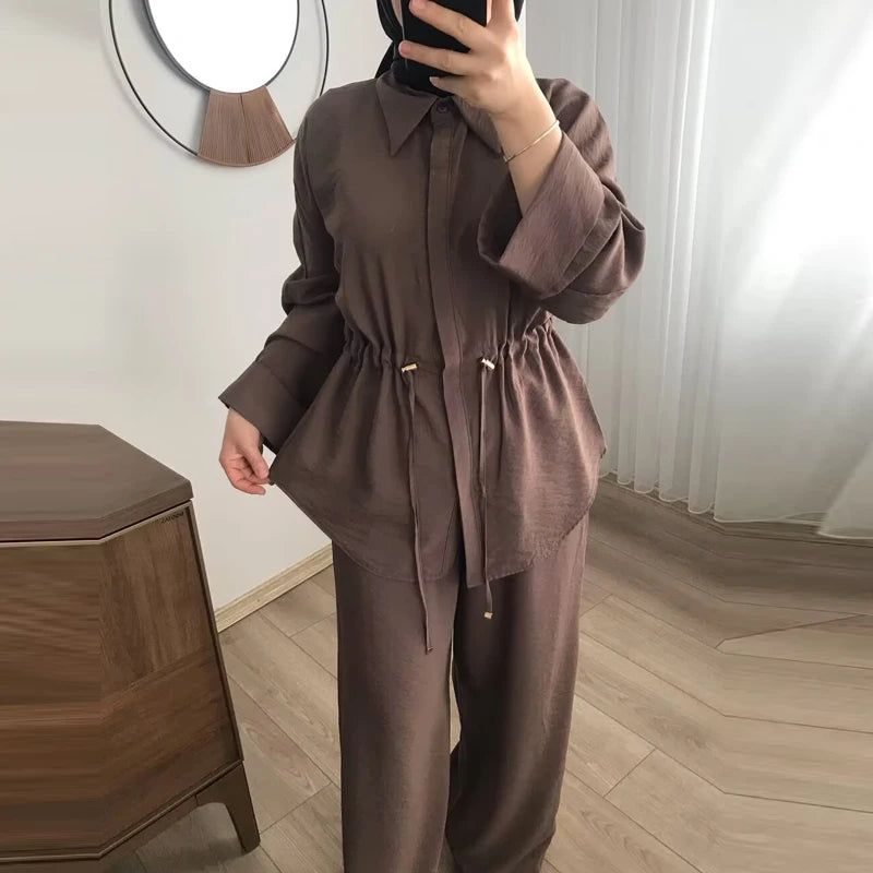 HXAO Safari Brown Pant Sets Women's Two Pieces Set Tunic Long Sleeve Shirt 2 Piece Sets Outfits High Waist Wide Leg Trouser Sets