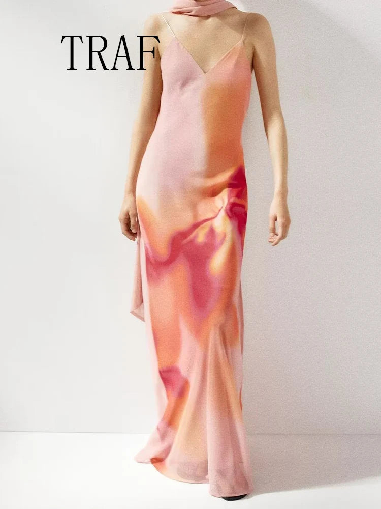 TRAF European and American style summer new fashion trend women's backless V-neck thin sling print scarf long dress