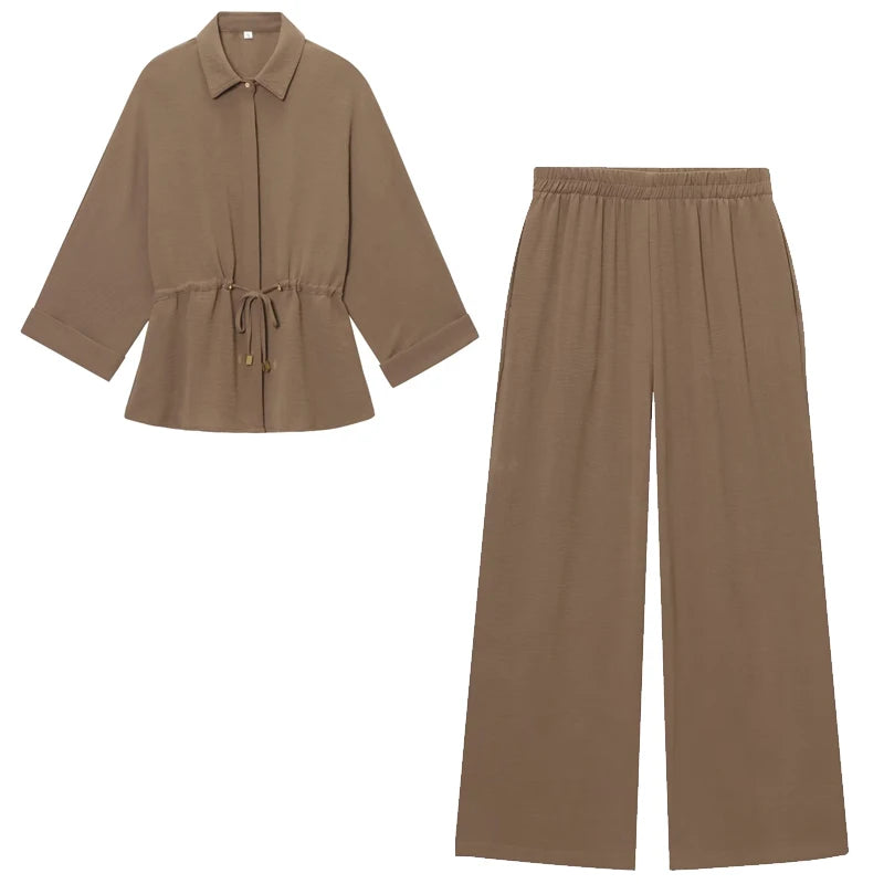 HXAO Safari Brown Pant Sets Women's Two Pieces Set Tunic Long Sleeve Shirt 2 Piece Sets Outfits High Waist Wide Leg Trouser Sets