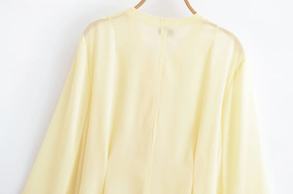 TRAFZA Women's 2025 Summer Versatile V-neck Lace-up Decorative Chiffon Loose Shirt Female Thin Pullover Casual Long Sleeve Shirt