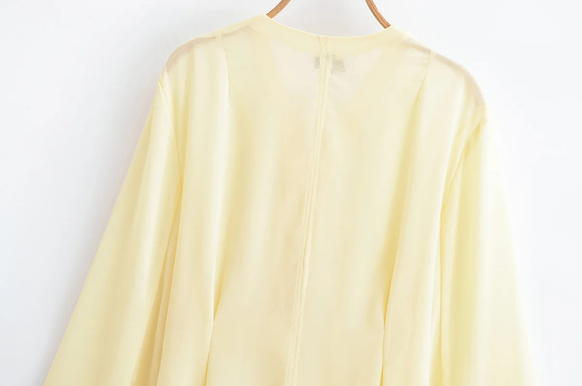 TRAFZA Women's 2025 Summer Versatile V-neck Lace-up Decorative Chiffon Loose Shirt Female Thin Pullover Casual Long Sleeve Shirt