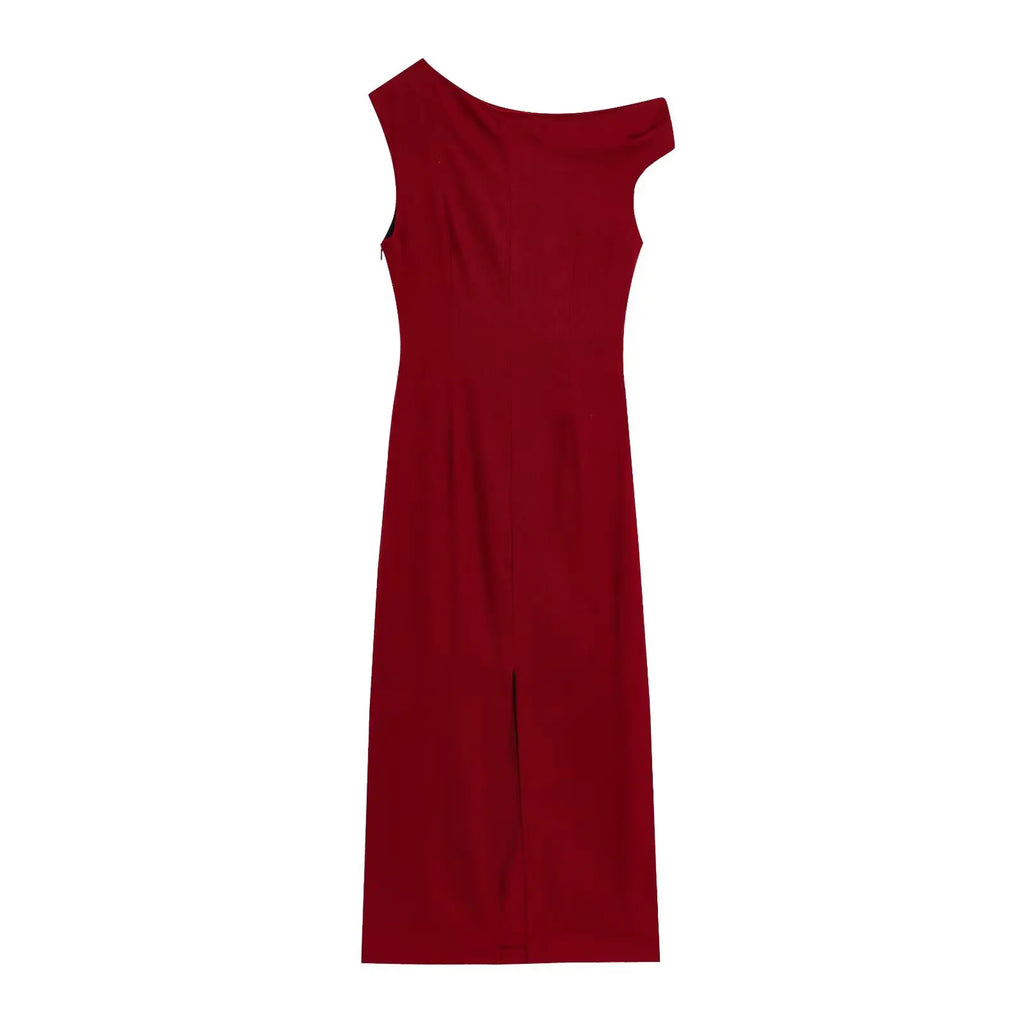 TRAFZA Women's Summer Fashion Round Neck Sleeveless Line Blended Midi Dress Female Sexy Elegant Slim Pleated Hem Slit Long Dress