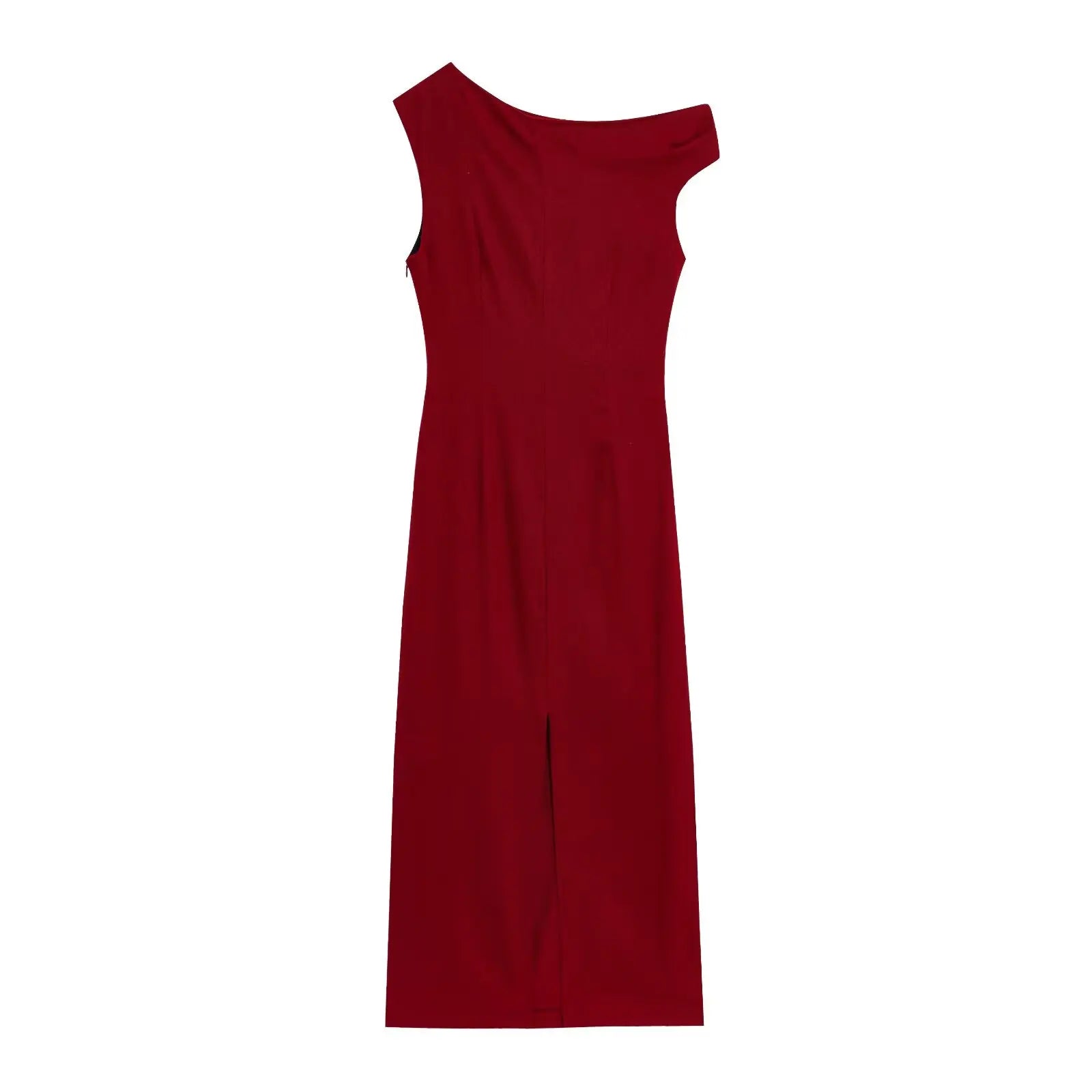 TRAFZA Women's Summer Fashion Round Neck Sleeveless Line Blended Midi Dress Female Sexy Elegant Slim Pleated Hem Slit Long Dress