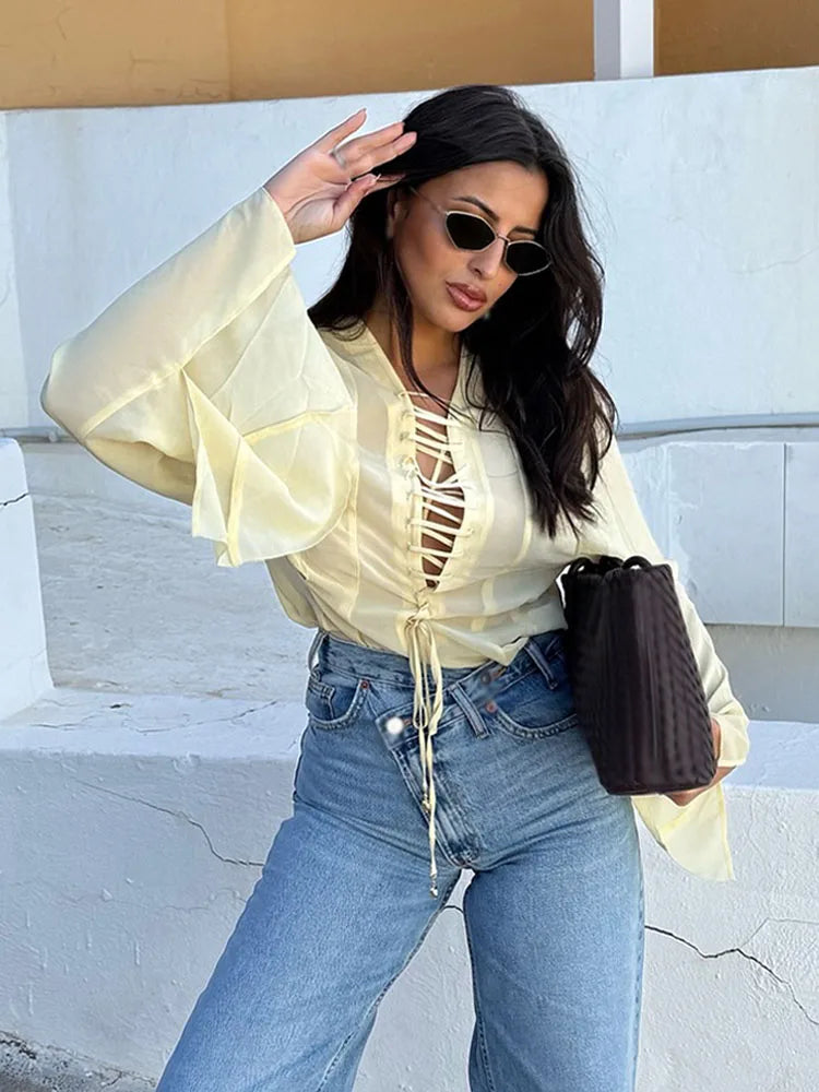 TRAFZA Women's 2025 Summer Versatile V-neck Lace-up Decorative Chiffon Loose Shirt Female Thin Pullover Casual Long Sleeve Shirt