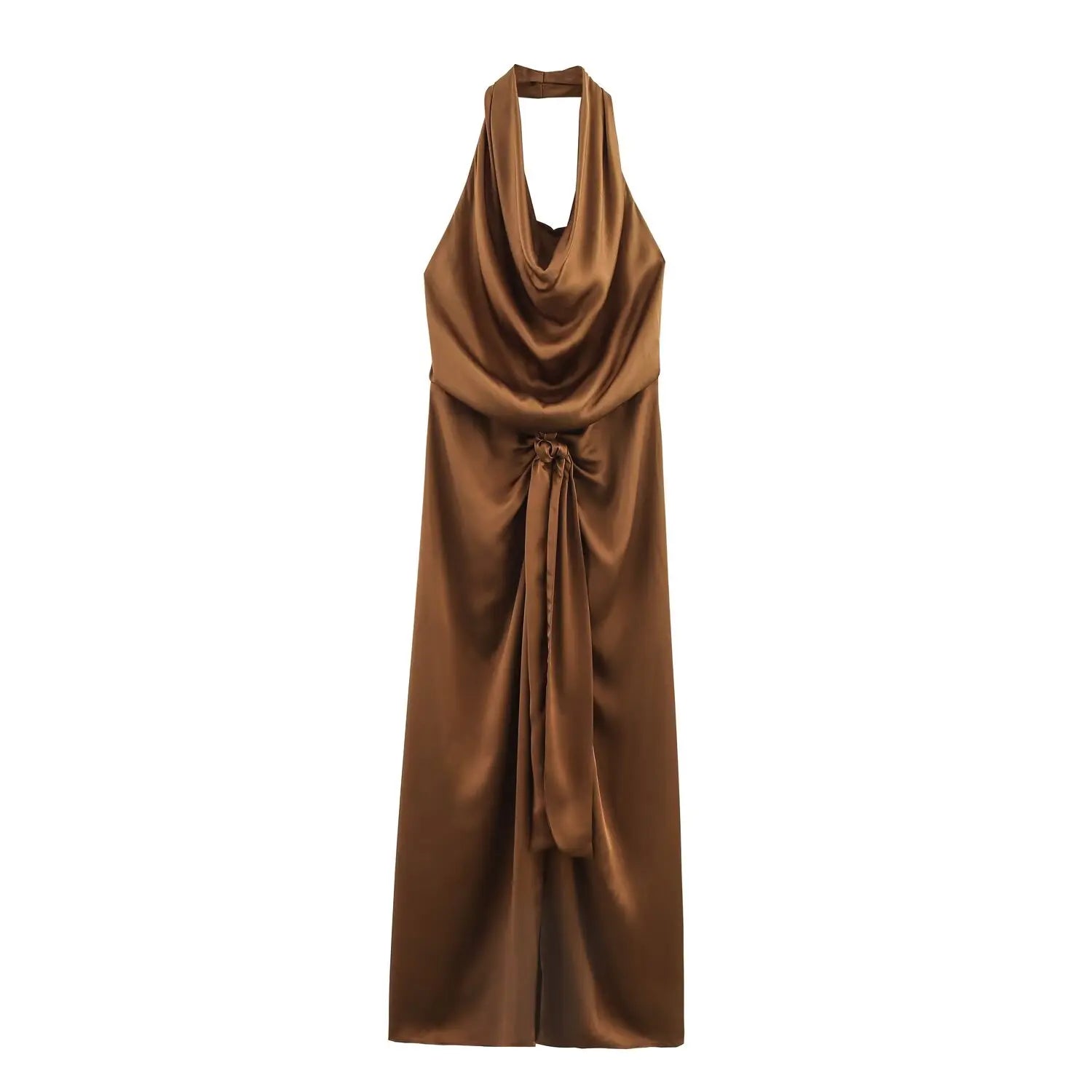 TRAFZA Women 2025 Fashion Solid Satin Texture Sleeveless Midi Dress Female Spring Hanging Neck Collar Hollow Out Long Dress