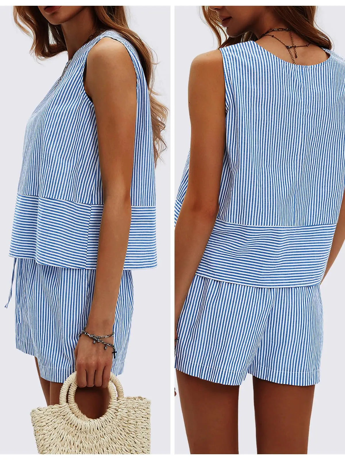 2025 New European and American Style Store Women's Summer 2-Piece Set Sleeveless Top and Shorts Striped Sports