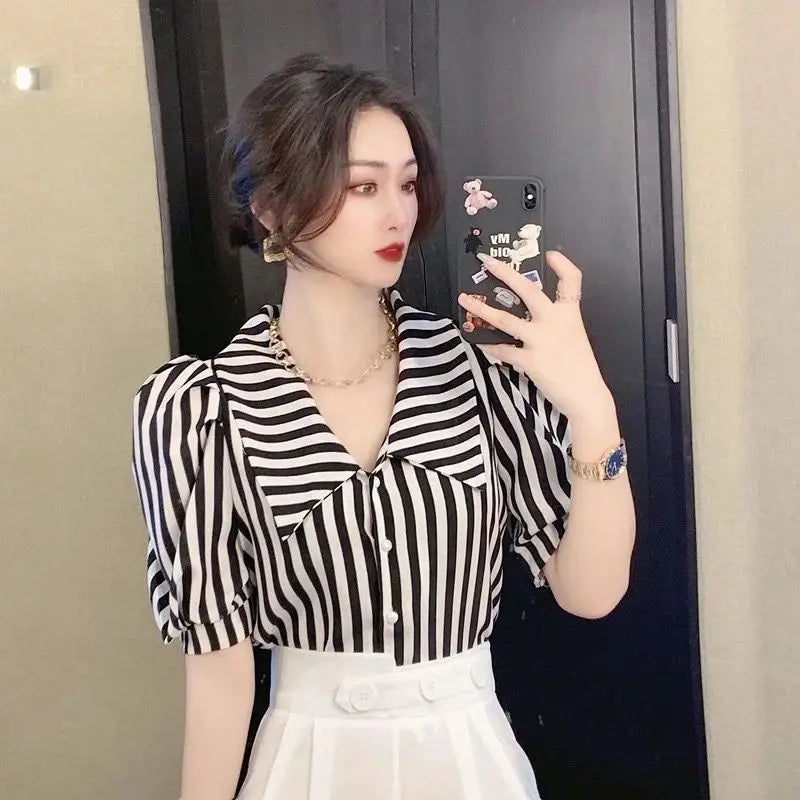 Striped Shirts Women Vintage Elegant Puff Sleeve Summer Office Lady Temper Camisas European Ins Y2k Clothes Designer High Street