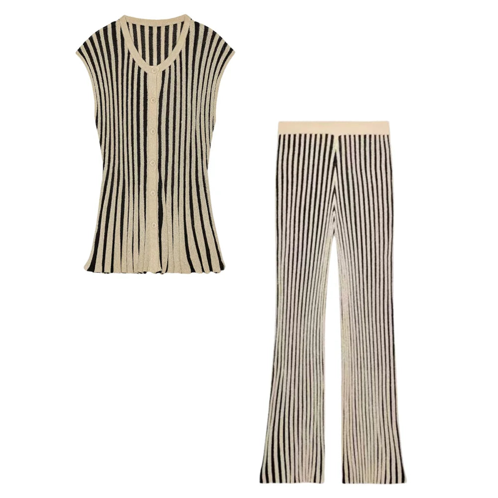 PB&ZA2025 Summer New Women's Striped Cut Drop Shoulder Sleeveless Knitted Jacket Top + Spliced Cut Knitted Casual Pants