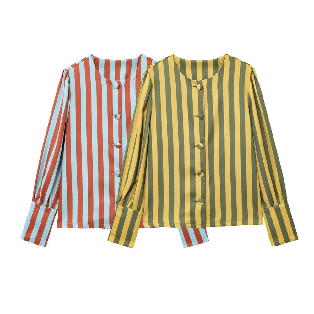 UNIZERA women's striped bubble sleeve top with round neck buckle decoration shirt for spring and summer casual women's wear