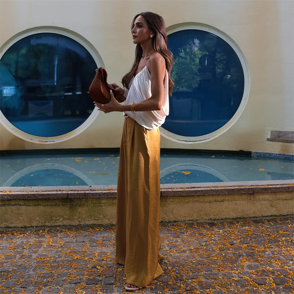 PB&ZA2025 Summer New Women's Solid Color Temperament Matching Belt Satin Textured Wide Leg Casual Pants