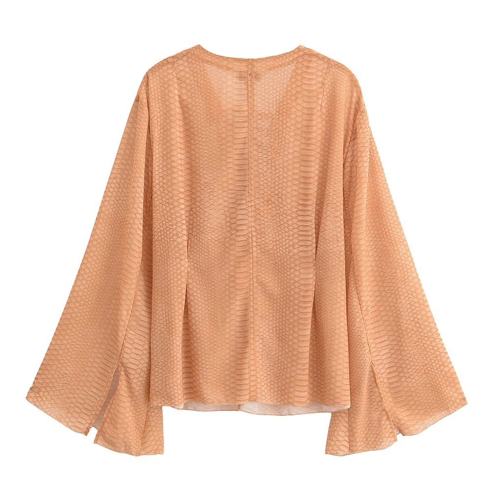 TRAFZA Women's 2025 Summer Versatile V-neck Lace-up Decorative Chiffon Loose Shirt Female Thin Pullover Casual Long Sleeve Shirt