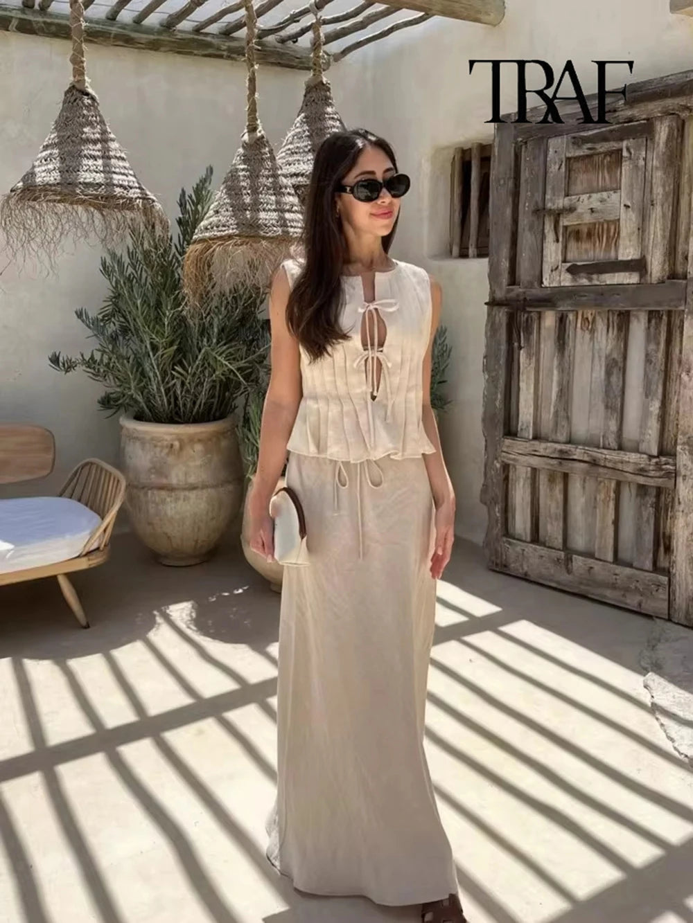 TRAF Women's Fashion Folded Ruffle Sleeveless Top Long Skirt Set Elegant White Lace Tie Blouse Chic High Waist Long Skirt Set