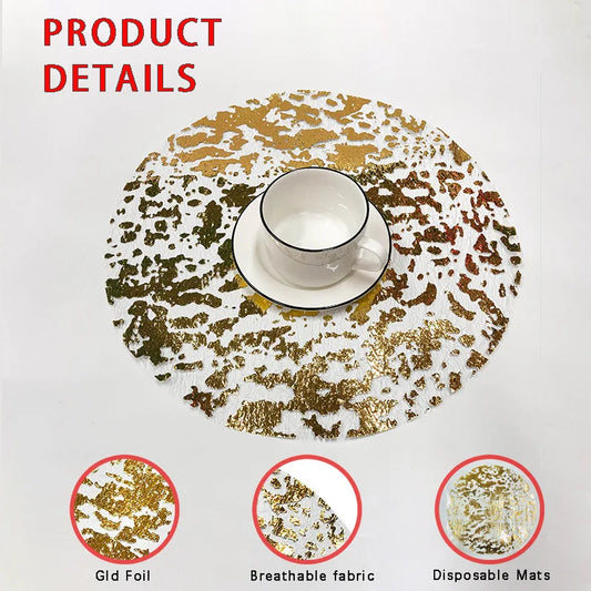 10Pcs Disposable Gold Placemats 13 Inch Gold Round Foil Table Mat Tea Dining Tableware Mats Pads for Home Party Table Decoration