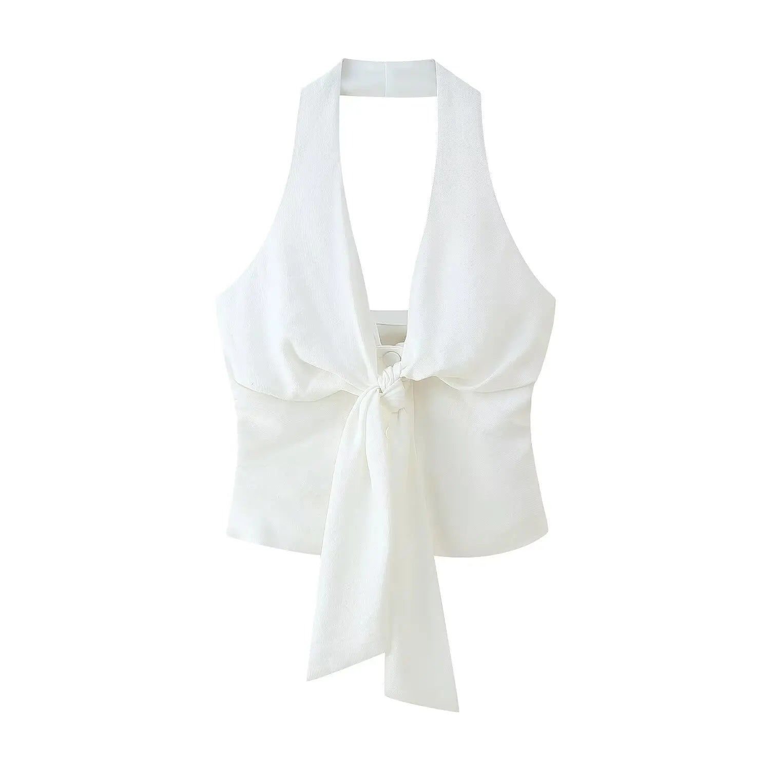 TRAFZA Women Pants Suit White Hanging Neck Collar Knot Decoration Top+Chic High Waist Side Pocket Zipper Pleated Wide-Leg Pants