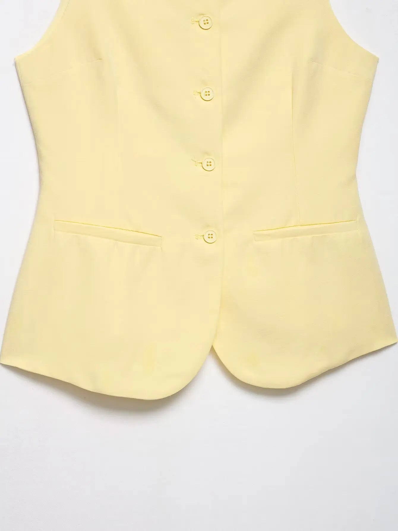 TRAFZA Women's Solid Square Collar Single Breasted Sleeveless Short Top+High Waist Zipper Side Pocket Shorts Female Slim Suits