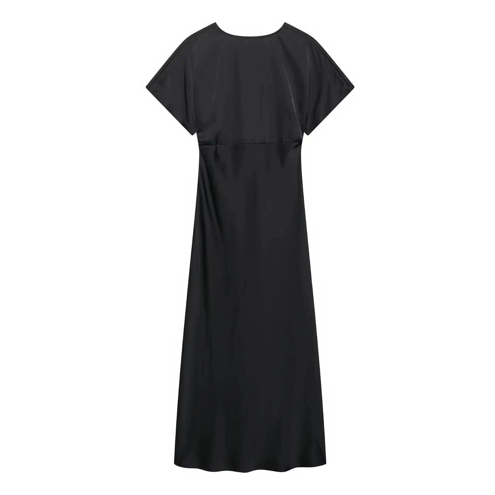 TRAFZA Summer Causal Silk Satin Texture Dresses For Women Pleated Short Sleeves Vintage V-neck Summer Pajama Style Midi Dresses