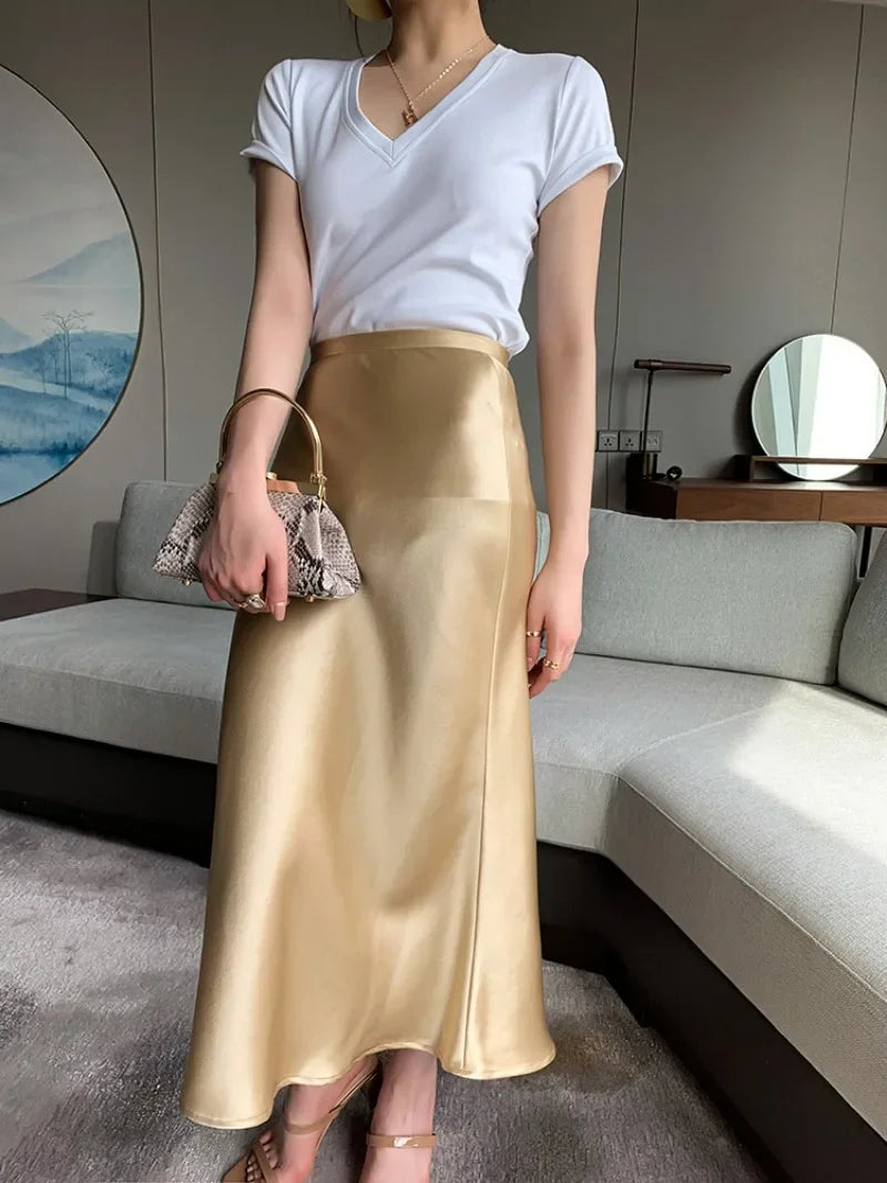 High-Waisted Satin A-Line Skirt - Elegant Spring/Summer 2025