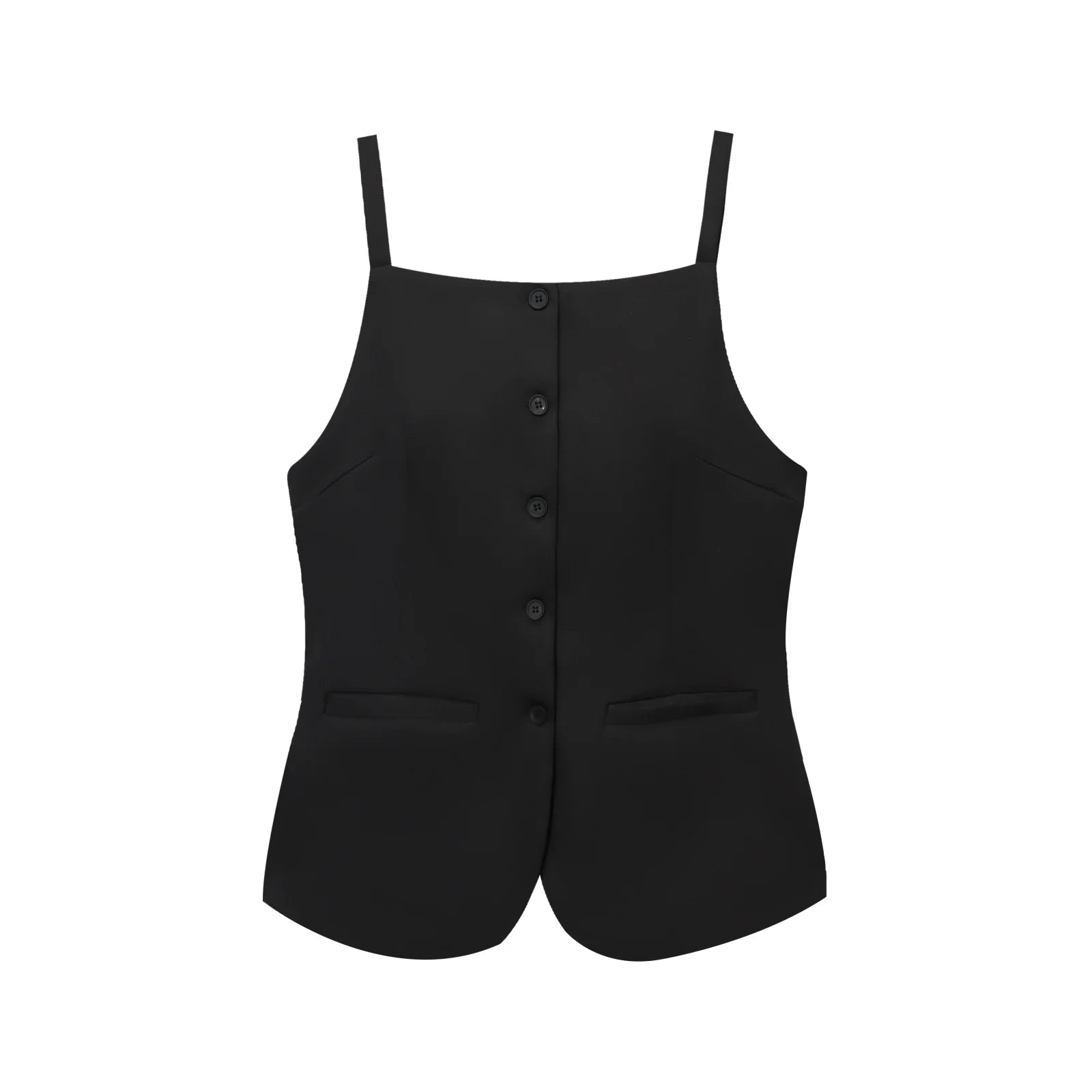 TRAFZA Women's Solid Square Collar Single Breasted Sleeveless Short Top+High Waist Zipper Side Pocket Shorts Female Slim Suits