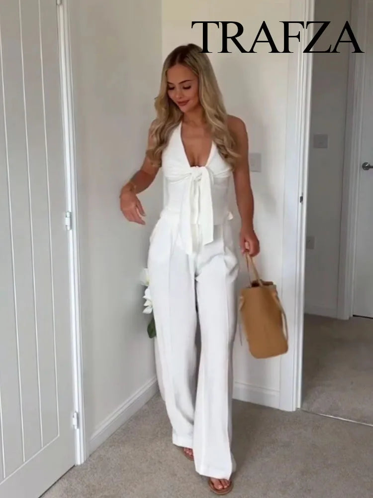 TRAFZA Women Pants Suit White Hanging Neck Collar Knot Decoration Top+Chic High Waist Side Pocket Zipper Pleated Wide-Leg Pants