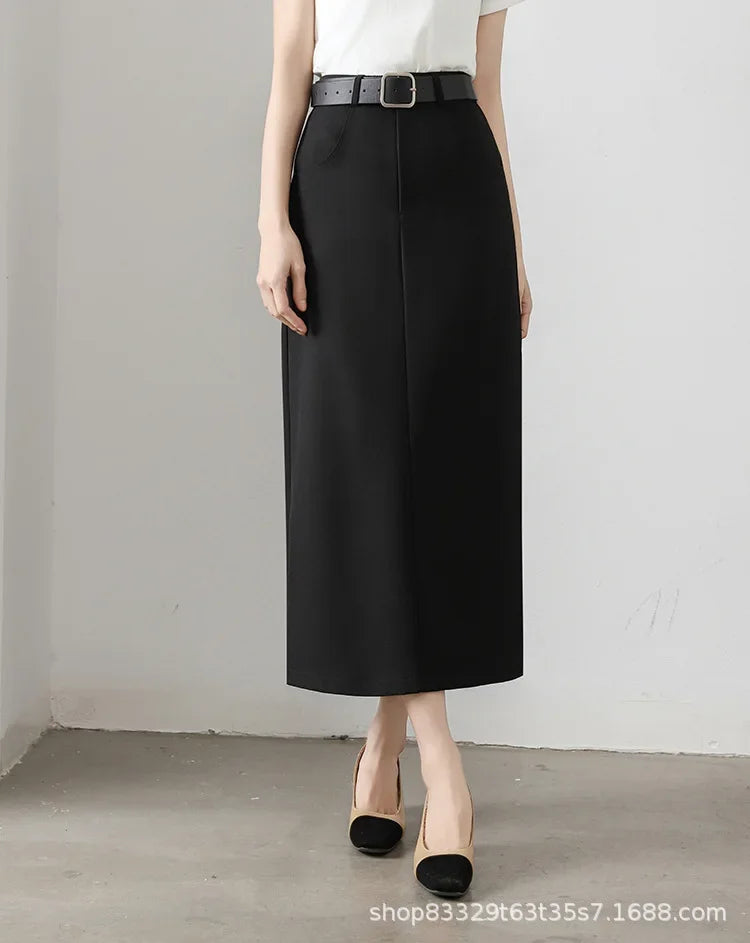 High Waist A- Line Long Skirt for Women in Black And Grey Suiting Spring Autumn Straight Cut Wrap around Skirt Polyester Fiber