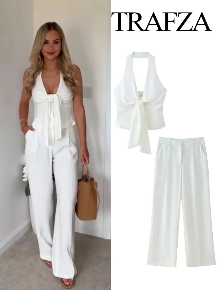 TRAFZA Women Pants Suit White Hanging Neck Collar Knot Decoration Top+Chic High Waist Side Pocket Zipper Pleated Wide-Leg Pants