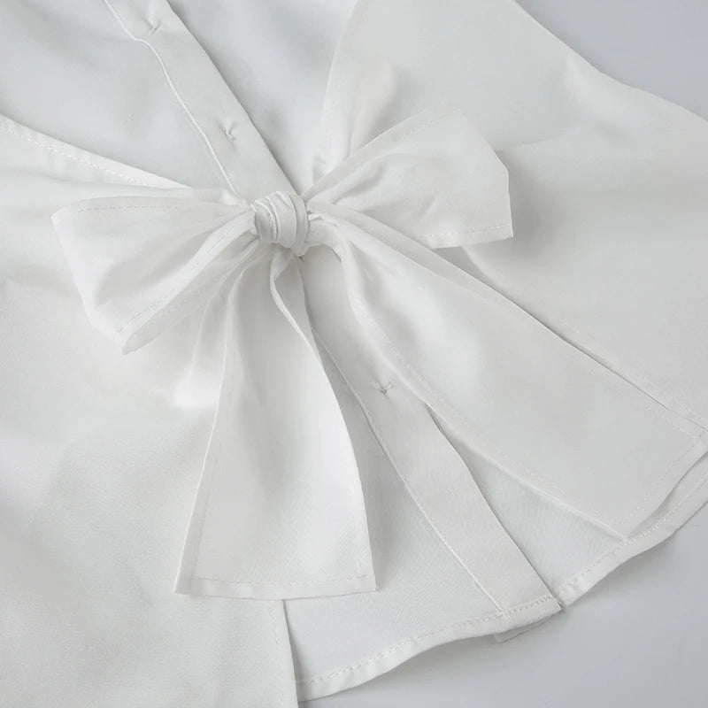 Sweetown Sleeveless Backless Tie Bow Shirts For Women Single Breasted Turn Down V Neck Sexy Halter Tops Solid Summer Vacation