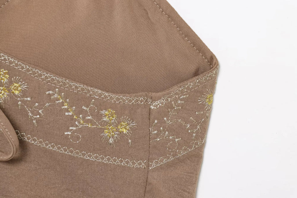 TRAFZA Female Summer Sexy Sling Tops Light Brown V-Neck Sleeveless Embroidery Lace-Up Decoration Women's Fashion Short Tops
