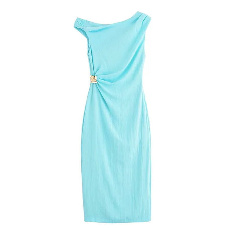 TRAFZA Woman's Summer Sexy Fashion Long Dress Solid Sleeveless Asymmetry Dresses Female Holiday Style Slit Slim Chic Dress