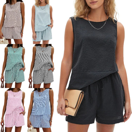 2025 New European and American Style Store Women's Summer 2-Piece Set Sleeveless Top and Shorts Striped Sports