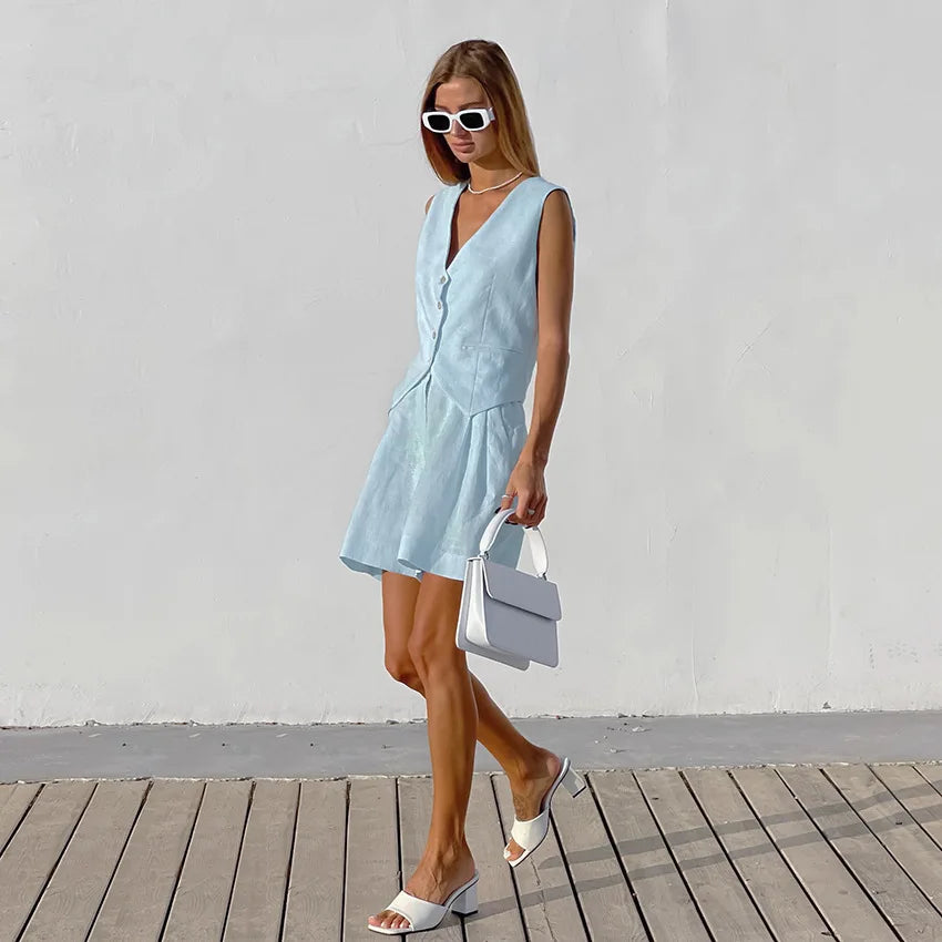 2025 Design Cotton Linen Suit Vest Suit Women's Summer Casual Sleeveless Vest Shorts Two-piece Set костюм женский летний