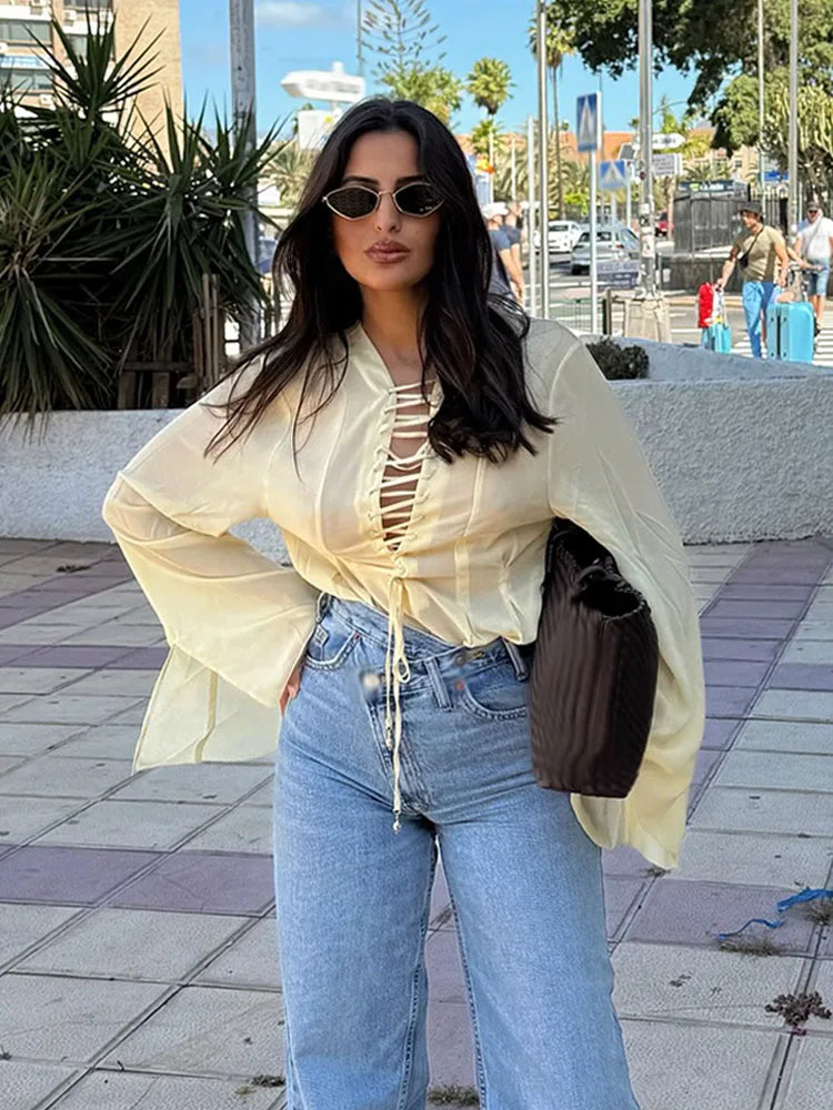 TRAFZA Women's 2025 Summer Versatile V-neck Lace-up Decorative Chiffon Loose Shirt Female Thin Pullover Casual Long Sleeve Shirt