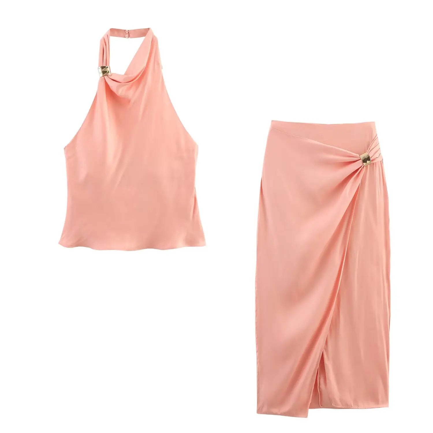 TRAFZA Women's Fashion Golden Inlay Decorate Backless Satin Texture Hanging Neck Collar Top+Midi Back Zipper Slit Skirt Suit