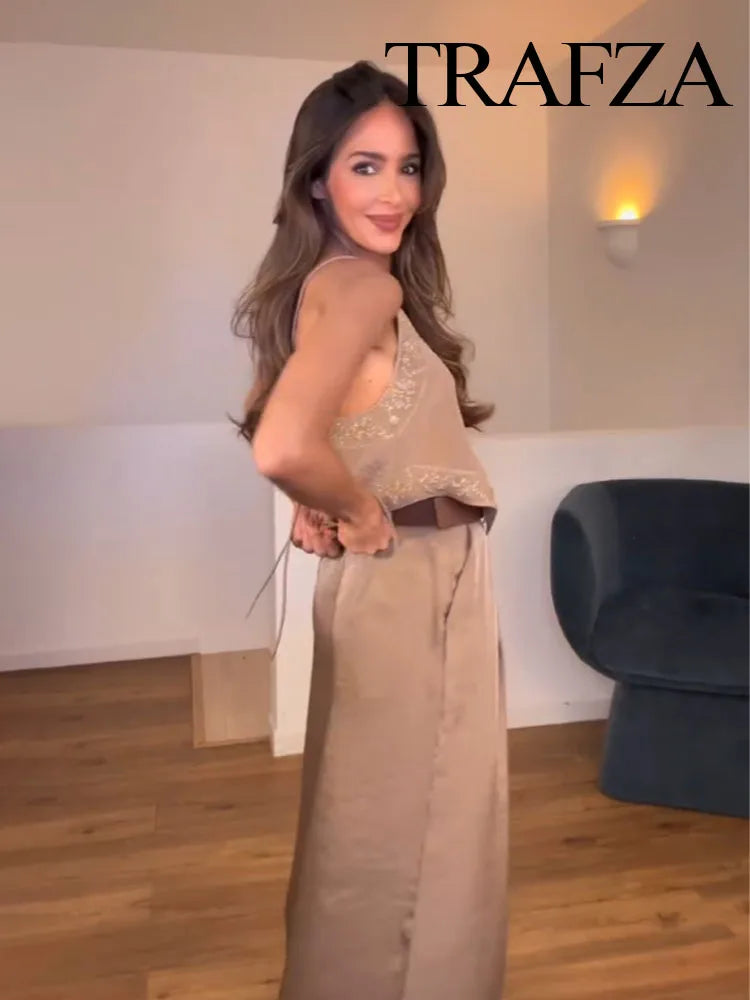 TRAFZA Female Summer Sexy Sling Tops Light Brown V-Neck Sleeveless Embroidery Lace-Up Decoration Women's Fashion Short Tops
