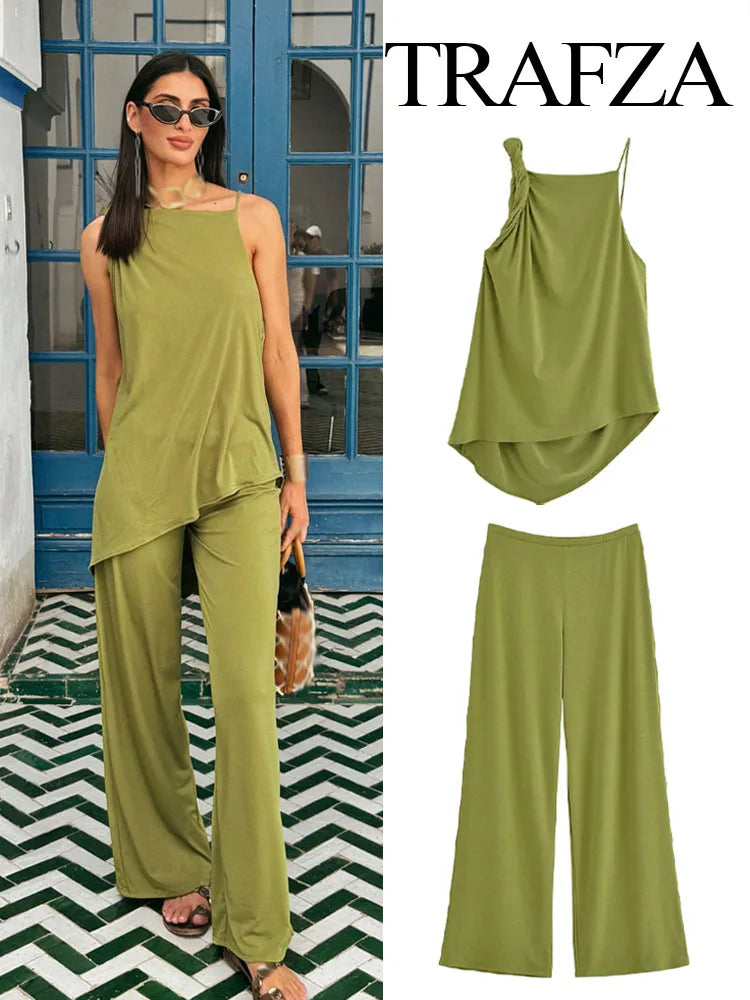 TRAFZA Women's Fashion Solid Pants Suit Backless Design With Pleated Asymmetric Sling Top Elastic Waist Wide-Leg Pants Set