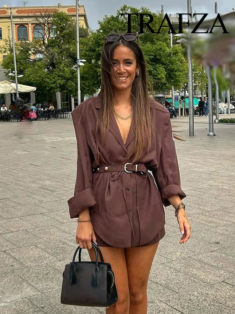 TRAFZA Female Summer Fashion Suits Brown Turn-Down Collar Long Sleeves Bow Lace-Up Single-Breasted Coat+High Waist Zipper Shorts