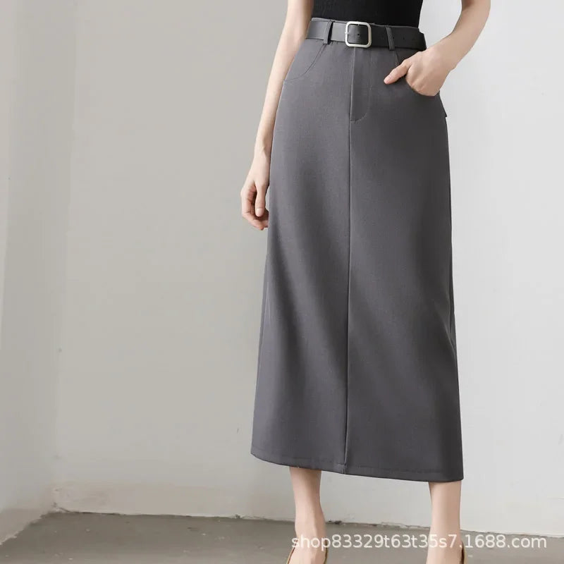 High Waist A- Line Long Skirt for Women in Black And Grey Suiting Spring Autumn Straight Cut Wrap around Skirt Polyester Fiber