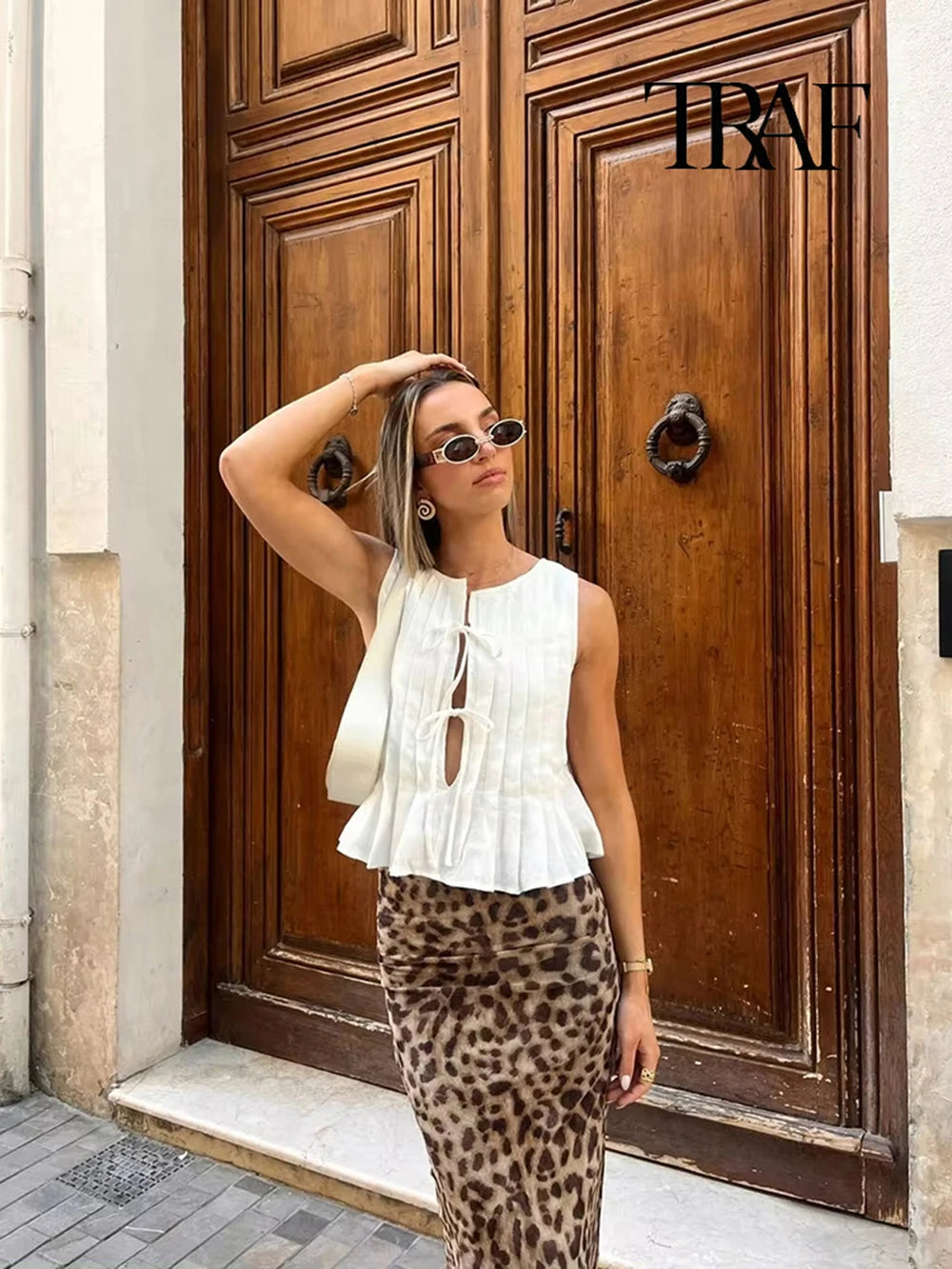 TRAF Women's Fashion Folded Ruffle Sleeveless Top Long Skirt Set Elegant White Lace Tie Blouse Chic High Waist Long Skirt Set